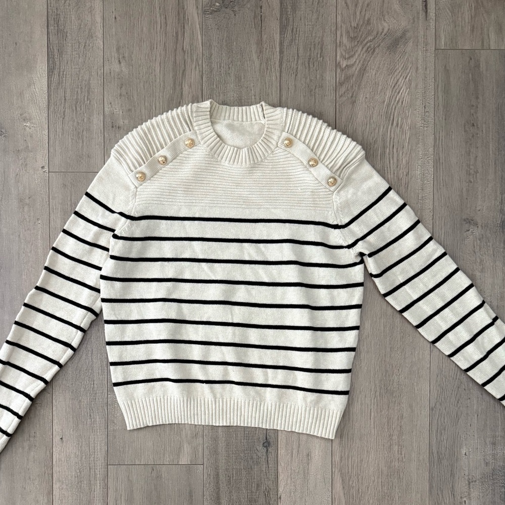 Striped Cream and Black Striped Sweater with Gold Button Accent - Picture 3 of 7
